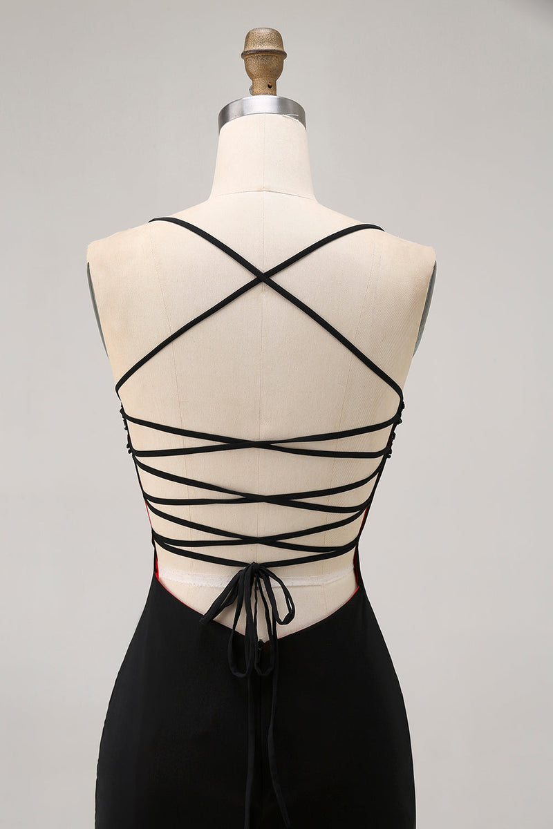 Load image into Gallery viewer, Black Tight Spaghetti Straps Short Homecoming Dress with Beading