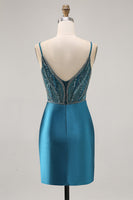 Load image into Gallery viewer, Sparkly Peacock Blue Corset Short Tight Homecoming Dress with Beading