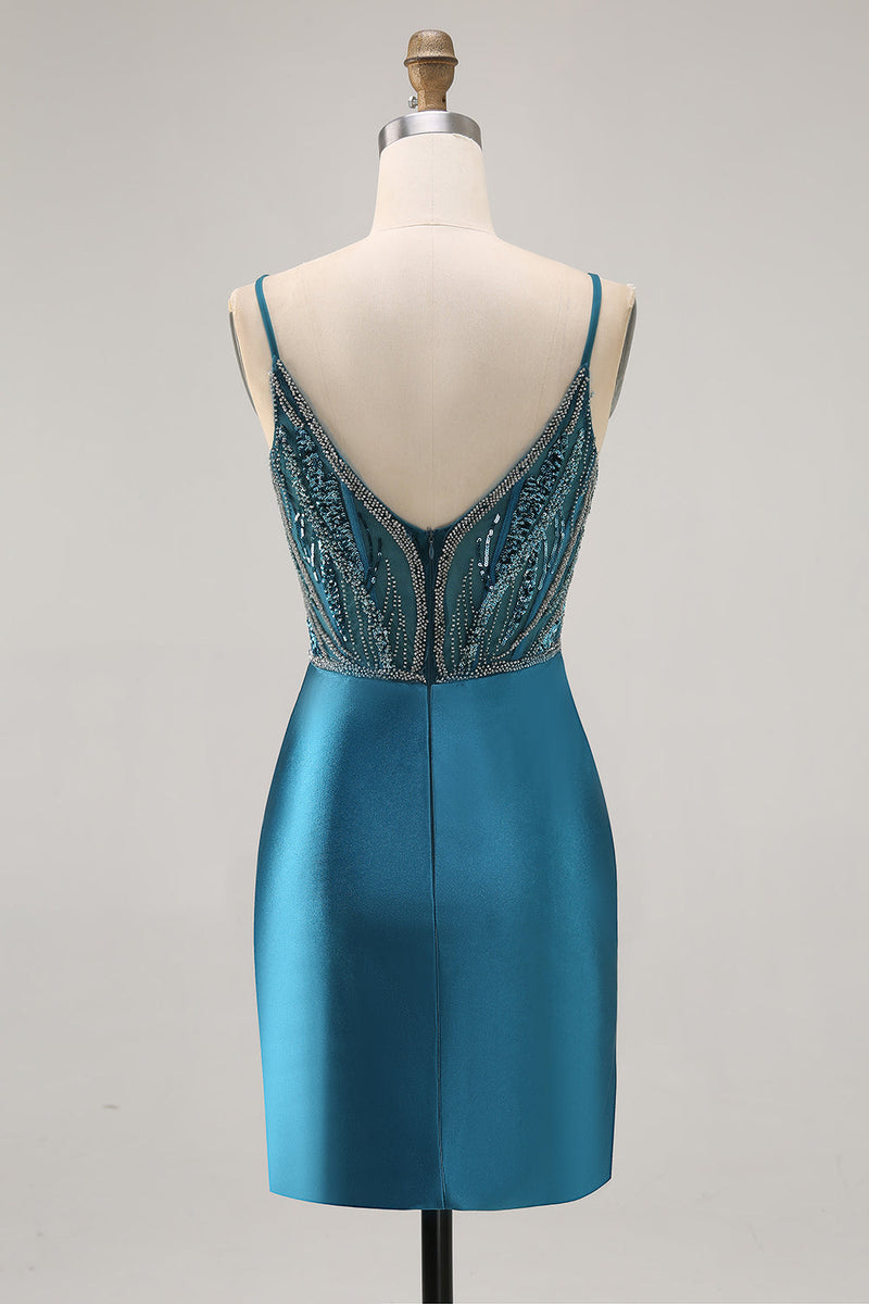 Load image into Gallery viewer, Sparkly Peacock Blue Corset Short Tight Homecoming Dress with Beading