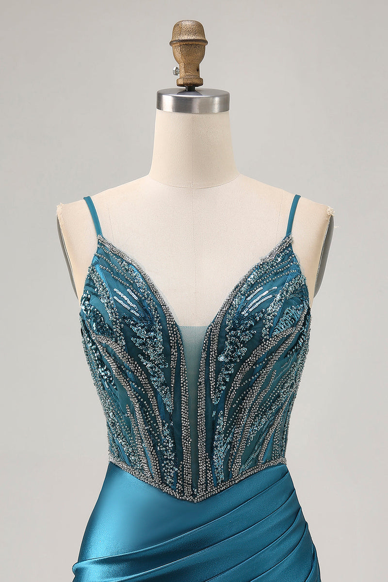 Load image into Gallery viewer, Sparkly Peacock Blue Corset Short Tight Homecoming Dress with Beading