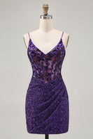 Load image into Gallery viewer, Sparkly Dark Purple Tight Short Corset Homecoming Dress with Sequins