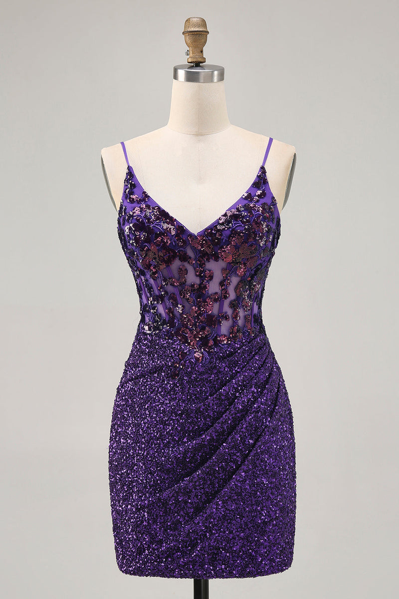 Load image into Gallery viewer, Sparkly Dark Purple Tight Short Corset Homecoming Dress with Sequins
