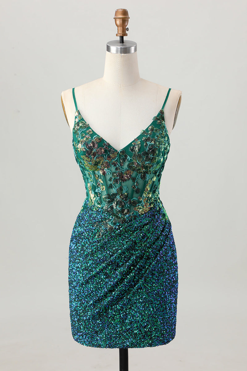 Load image into Gallery viewer, Sparkly Dark Green Sequins Short Corset Tight Homecoming Dress
