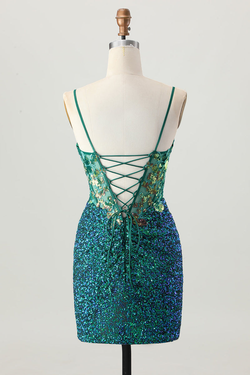 Load image into Gallery viewer, Sparkly Dark Green Sequins Short Corset Tight Homecoming Dress