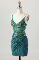 Load image into Gallery viewer, Sparkly Dark Green Sequins Short Corset Tight Homecoming Dress