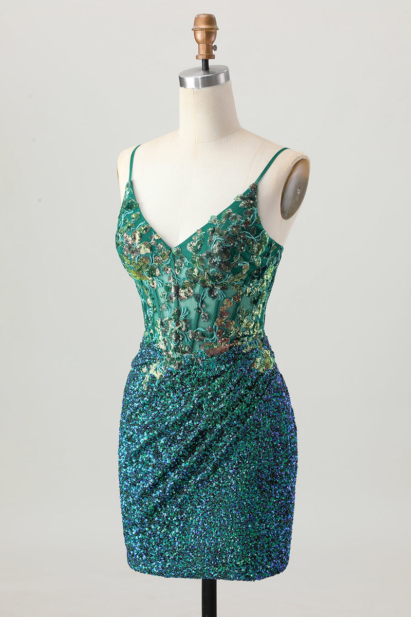 Load image into Gallery viewer, Sparkly Dark Green Sequins Short Corset Tight Homecoming Dress