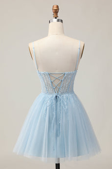 Sparkly Light Blue A Line Tulle Short Corset Homecoming Dress with Beading