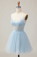 Load image into Gallery viewer, Sparkly Light Blue A Line Tulle Short Corset Homecoming Dress with Beading