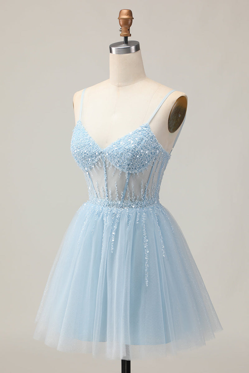 Load image into Gallery viewer, Sparkly Light Blue A Line Tulle Short Corset Homecoming Dress with Beading