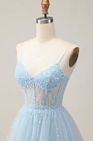 Load image into Gallery viewer, Sparkly Light Blue A Line Tulle Short Corset Homecoming Dress with Beading