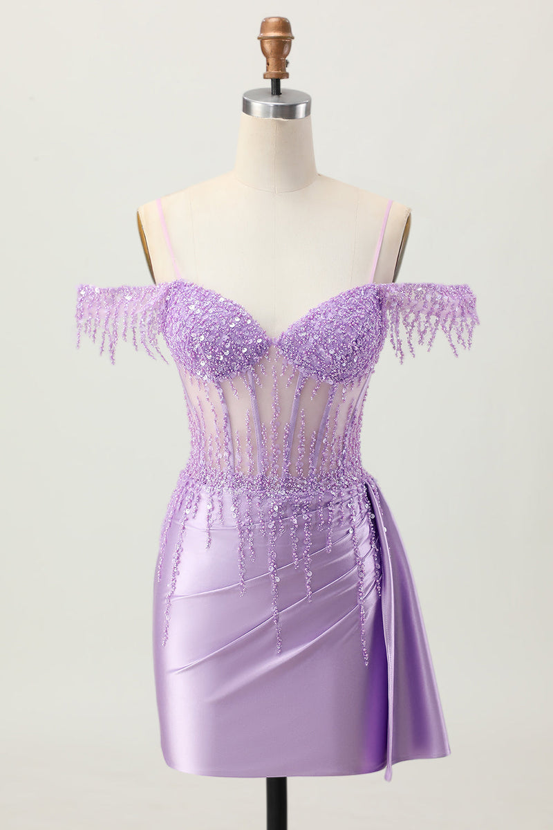Load image into Gallery viewer, Sparkly Lilac Cold Shoulder Short Corset Homecoming Dress with Beading