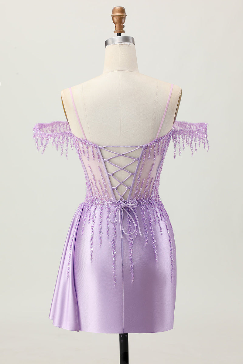 Load image into Gallery viewer, Sparkly Lilac Cold Shoulder Short Corset Homecoming Dress with Beading