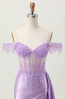 Load image into Gallery viewer, Sparkly Lilac Cold Shoulder Short Corset Homecoming Dress with Beading