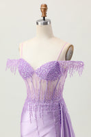 Load image into Gallery viewer, Sparkly Lilac Cold Shoulder Short Corset Homecoming Dress with Beading