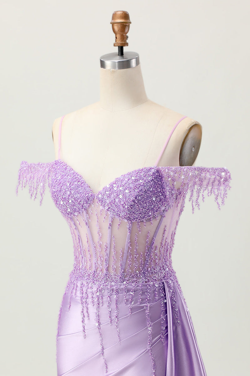 Load image into Gallery viewer, Sparkly Lilac Cold Shoulder Short Corset Homecoming Dress with Beading