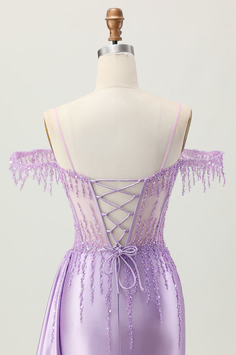 Load image into Gallery viewer, Sparkly Lilac Cold Shoulder Short Corset Homecoming Dress with Beading