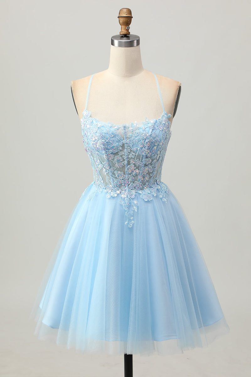 Load image into Gallery viewer, Sparkly Light Blue Tulle Short Corset Homecoming Dress with Appliques