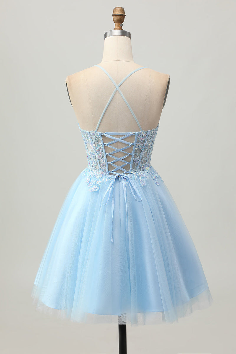 Load image into Gallery viewer, Sparkly Light Blue Tulle Short Corset Homecoming Dress with Appliques