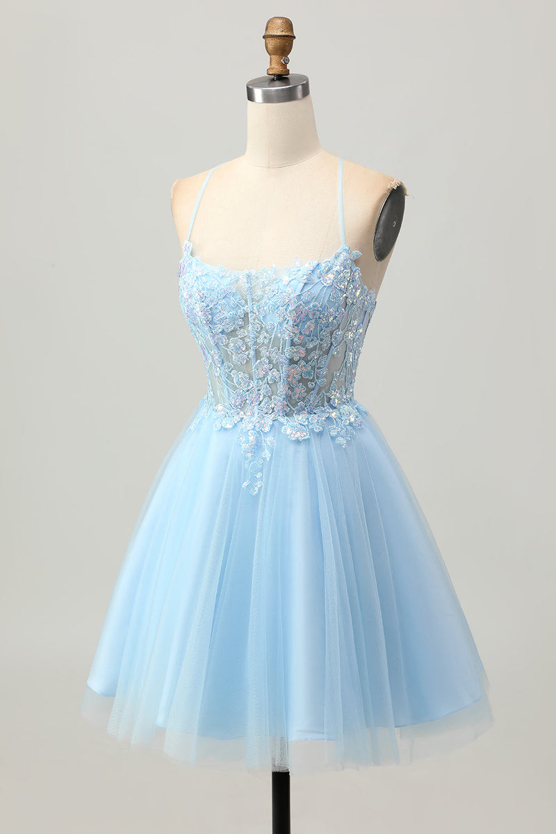 Load image into Gallery viewer, Sparkly Light Blue Tulle Short Corset Homecoming Dress with Appliques