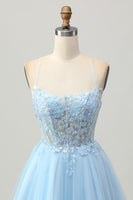 Load image into Gallery viewer, Sparkly Light Blue Tulle Short Corset Homecoming Dress with Appliques