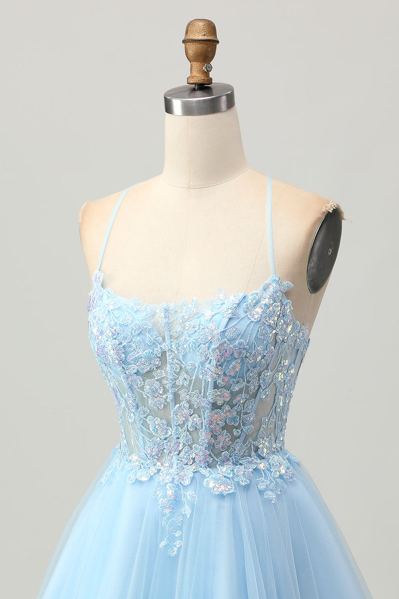Load image into Gallery viewer, Sparkly Light Blue Tulle Short Corset Homecoming Dress with Appliques