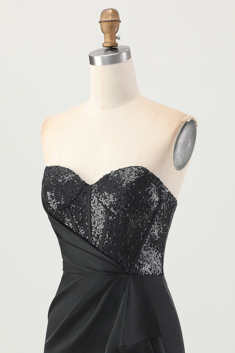 Load image into Gallery viewer, Sparkly Black Strapless Tight Short Corset Homecoming Dress with Sequins
