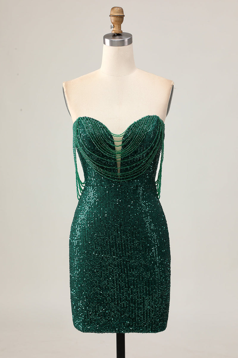 Load image into Gallery viewer, Sparkly Dark Green Sequins Tight Short Homecoming Dress with Beading