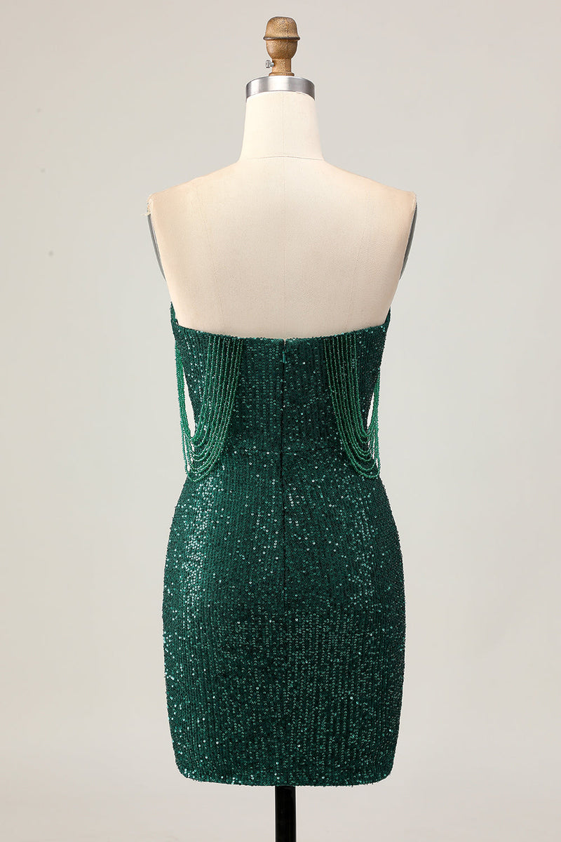 Load image into Gallery viewer, Sparkly Dark Green Sequins Tight Short Homecoming Dress with Beading