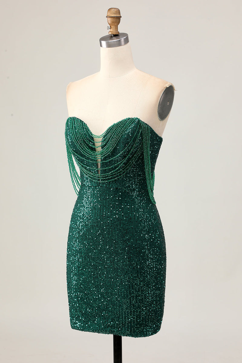 Load image into Gallery viewer, Sparkly Dark Green Sequins Tight Short Homecoming Dress with Beading