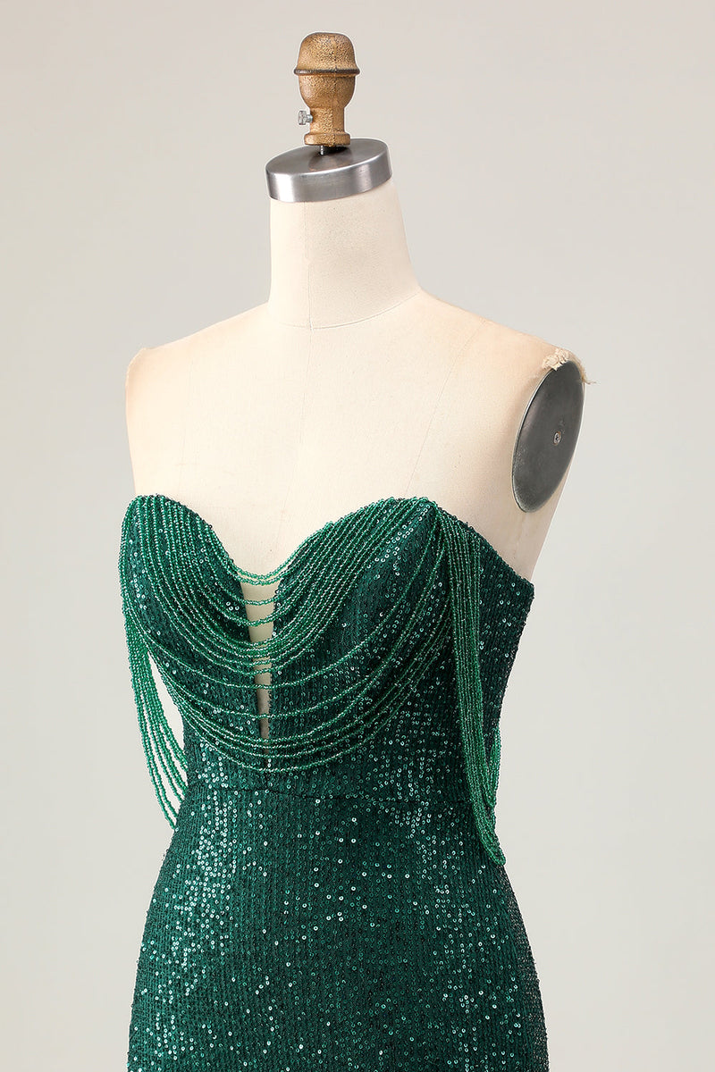 Load image into Gallery viewer, Sparkly Dark Green Sequins Tight Short Homecoming Dress with Beading