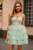 Load image into Gallery viewer, Light Green A Line Tulle Tiered Short Corset Homecoming Dress