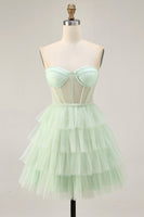 Load image into Gallery viewer, Light Green A Line Tulle Tiered Short Corset Homecoming Dress