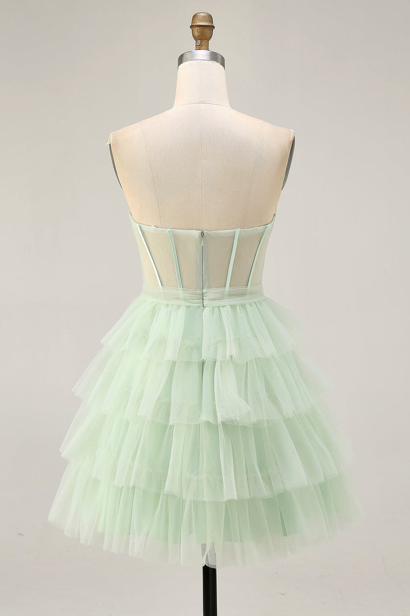 Load image into Gallery viewer, Light Green A Line Tulle Tiered Short Corset Homecoming Dress