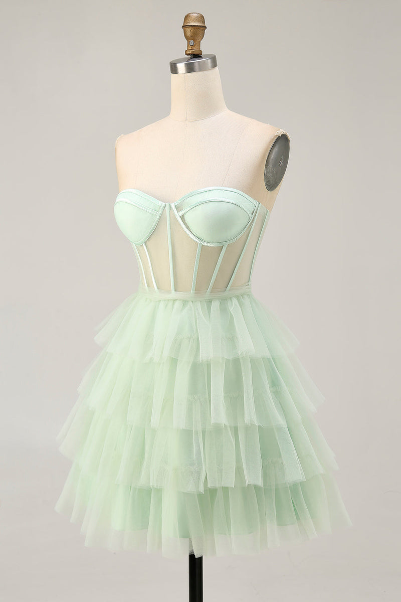 Load image into Gallery viewer, Light Green A Line Tulle Tiered Short Corset Homecoming Dress