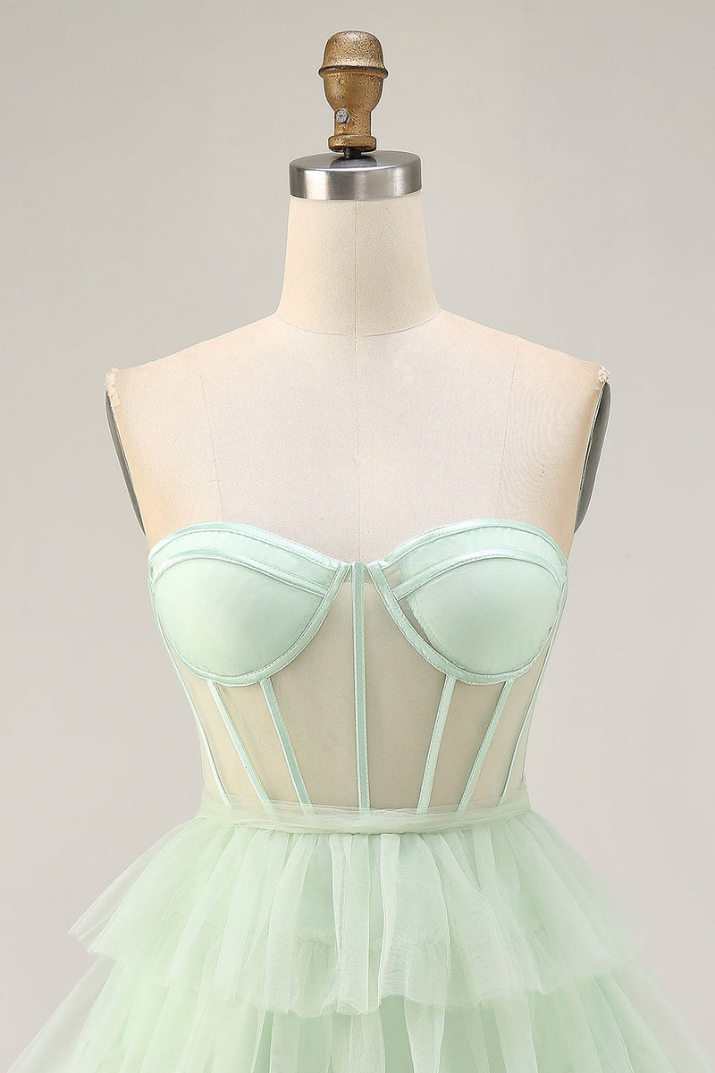 Load image into Gallery viewer, Light Green A Line Tulle Tiered Short Corset Homecoming Dress