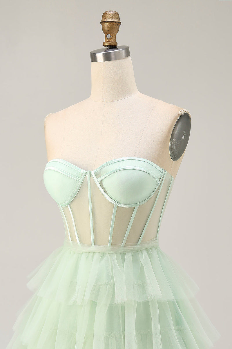 Load image into Gallery viewer, Light Green A Line Tulle Tiered Short Corset Homecoming Dress