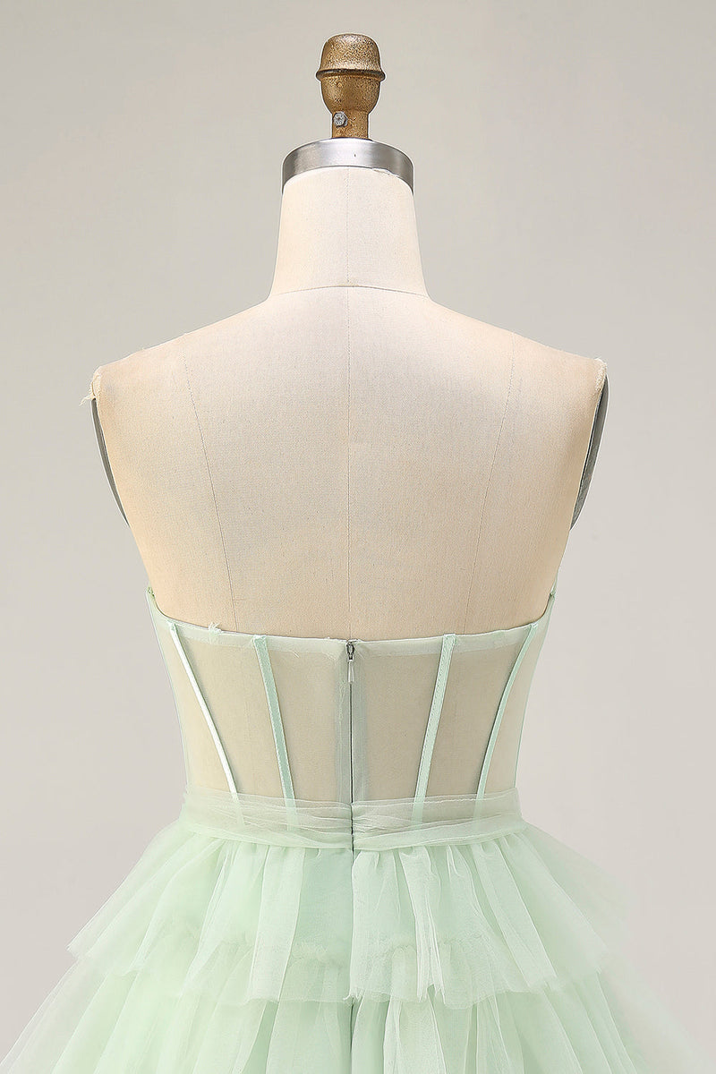 Load image into Gallery viewer, Light Green A Line Tulle Tiered Short Corset Homecoming Dress