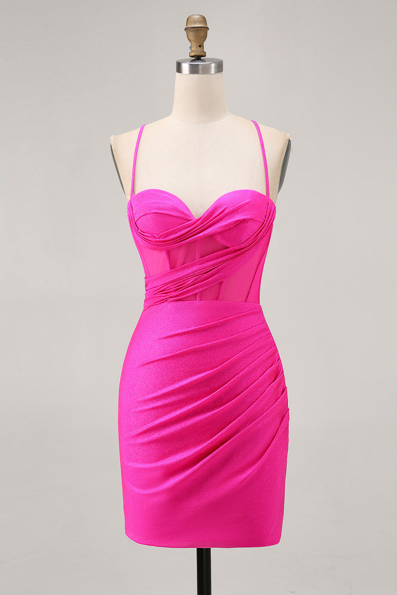 Load image into Gallery viewer, Fuchsia Tight Ruched Short Corset Homecoming Dress