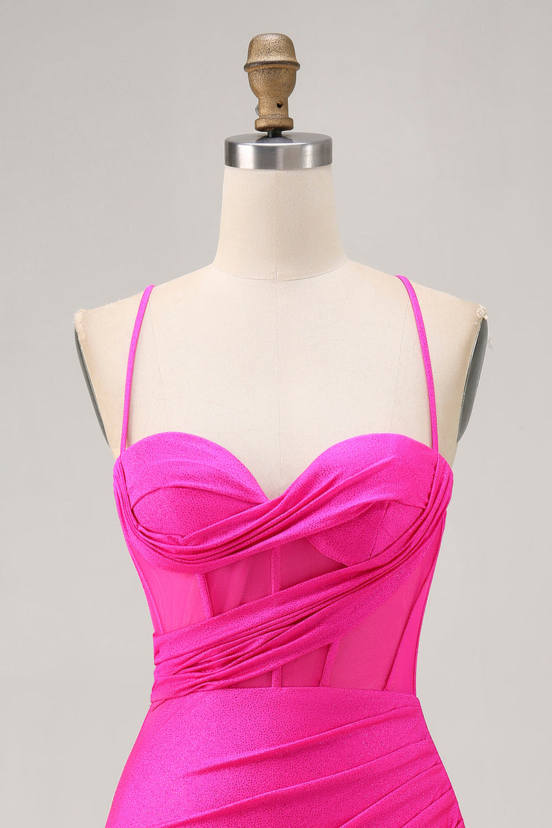 Load image into Gallery viewer, Fuchsia Tight Ruched Short Corset Homecoming Dress