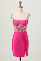 Load image into Gallery viewer, Sparkly Fuchsia Tight Satin Short Homecoming Dress with Beading