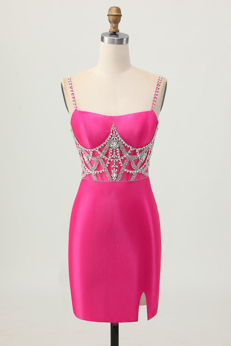 Load image into Gallery viewer, Sparkly Fuchsia Tight Satin Short Homecoming Dress with Beading