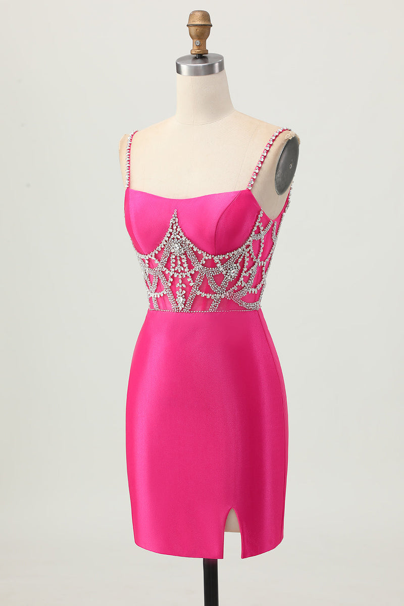 Load image into Gallery viewer, Sparkly Fuchsia Tight Satin Short Homecoming Dress with Beading