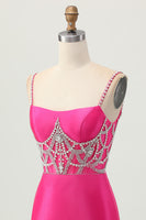 Load image into Gallery viewer, Sparkly Fuchsia Tight Satin Short Homecoming Dress with Beading