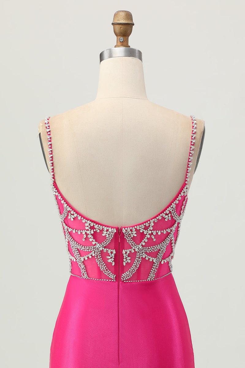 Load image into Gallery viewer, Sparkly Fuchsia Tight Satin Short Homecoming Dress with Beading