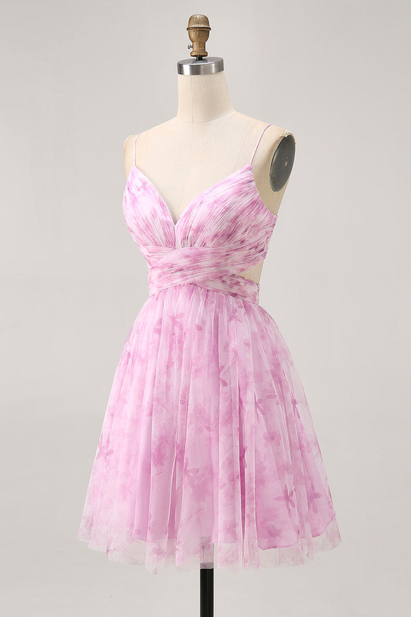 Load image into Gallery viewer, Floral Pink A Line Ruched Lace Up Back Short Homecoming Dress