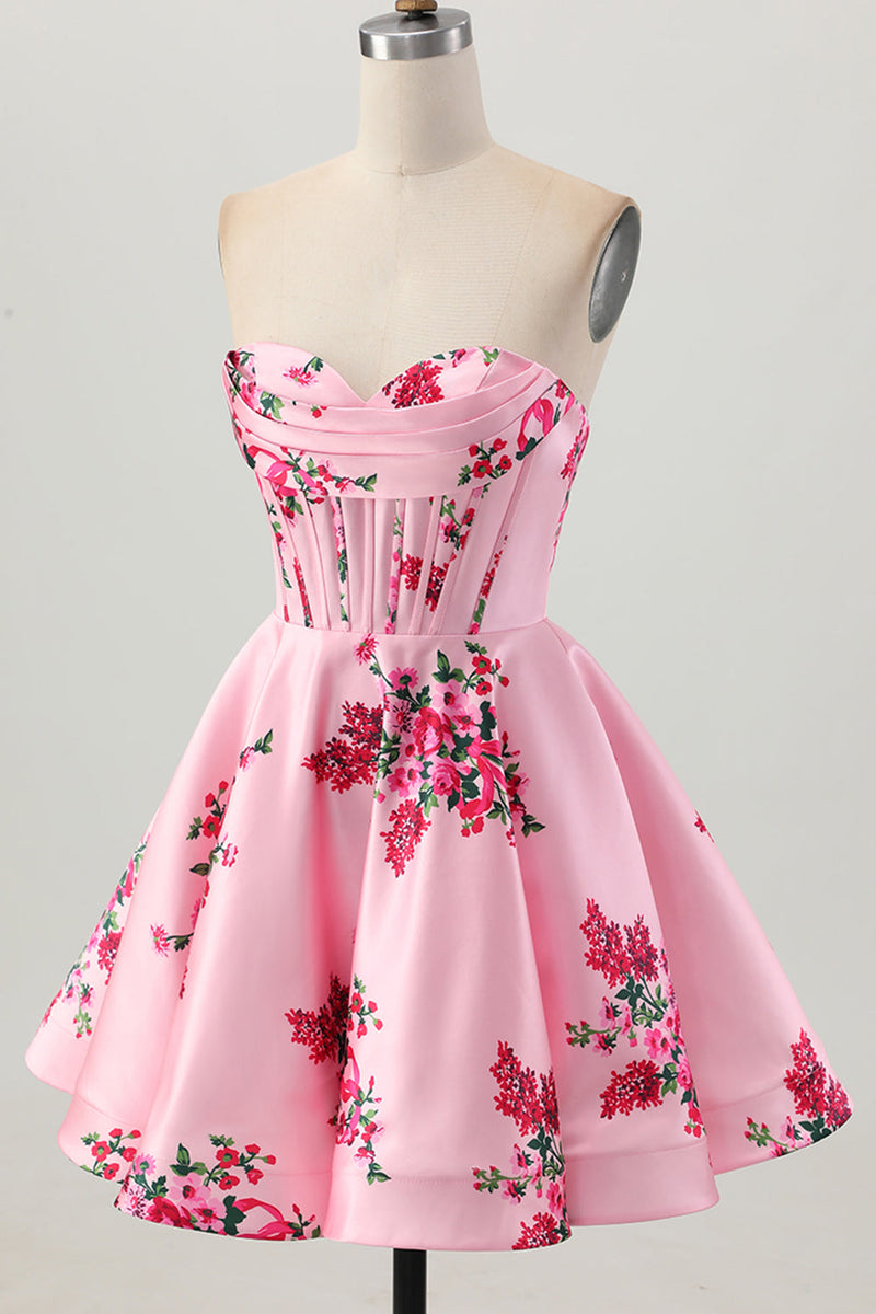 Load image into Gallery viewer, Floral Pink Satin A Line Sweetheart Short Corset Homecoming Dress