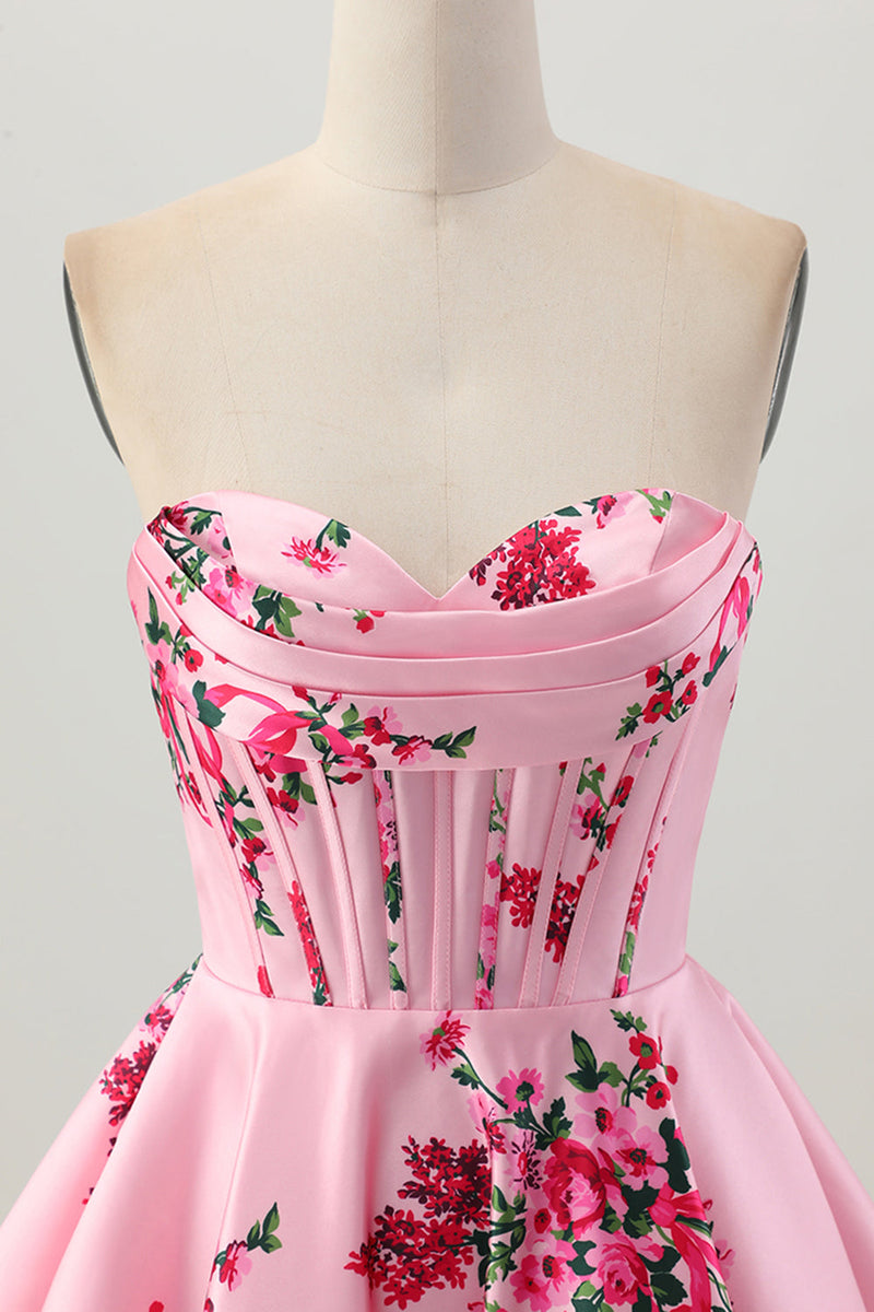 Load image into Gallery viewer, Floral Pink Satin A Line Sweetheart Short Corset Homecoming Dress
