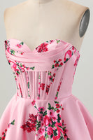 Load image into Gallery viewer, Floral Pink Satin A Line Sweetheart Short Corset Homecoming Dress