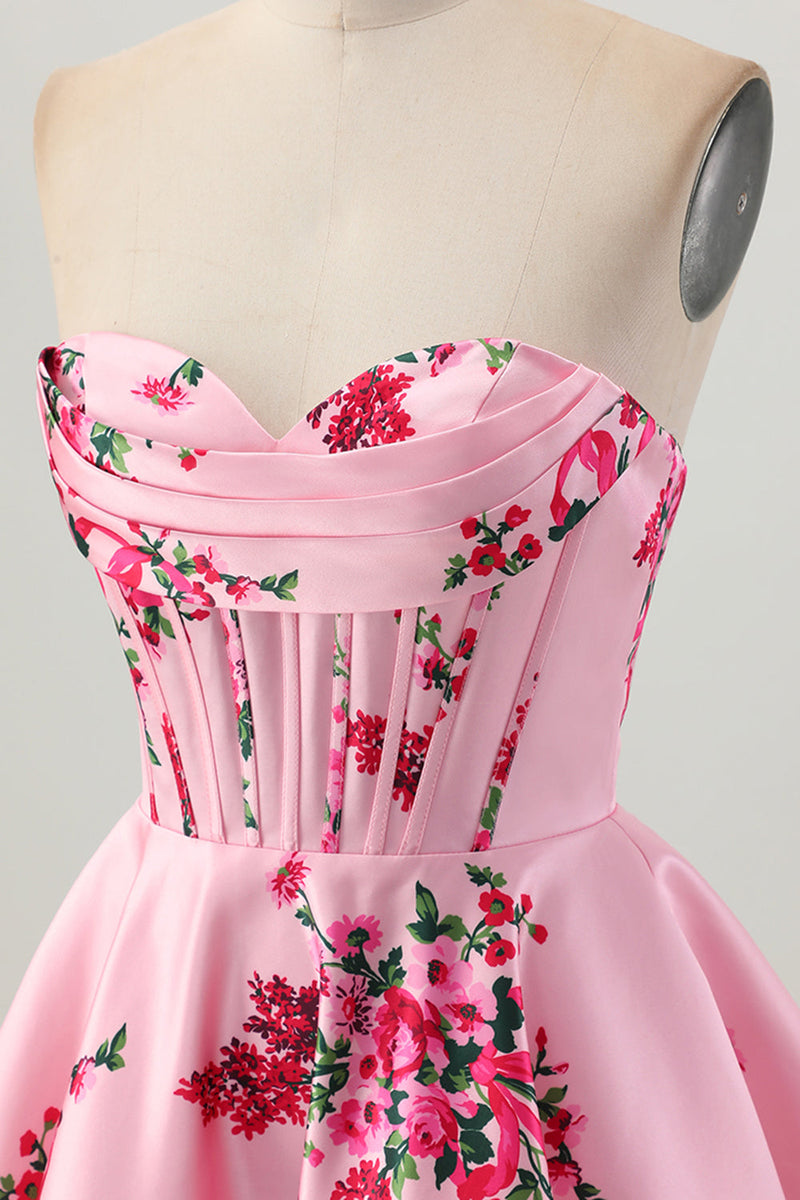 Load image into Gallery viewer, Floral Pink Satin A Line Sweetheart Short Corset Homecoming Dress
