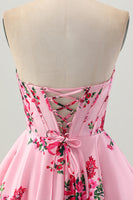 Load image into Gallery viewer, Floral Pink Satin A Line Sweetheart Short Corset Homecoming Dress